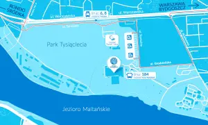 Mapa Poznania: Jezioro Maltańskie, Park Tysiąclecia, Termy Maltańskie, Novotel. Linie autobusowe 6, 8, 184. Dostępne z Rondo Śródka i ul. Warszawska.
