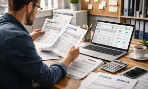 Mężczyzna analizuje dokumenty z danymi, w tym cennik Google Ads i Meta. Na biurku laptop, kalkulator i telefon.