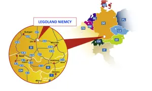 Mapa Europy z zaznaczonymi krajami i trasami dojazdu do LEGOLAND NIEMCY. Widoczny powiększony fragment z miastami Stuttgart, Ulm, Monachium, Zurych, Innsbruck i Bolzano.
