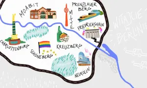 Mapa Berlina z zaznaczonymi dzielnicami: Moabit, Tiergarten, Mitte, Prenzlauer Berg, Friedrichshain, Kreuzberg, Schöneberg, Tempelhof, Neukölln, Charlottenburg, Treptower.