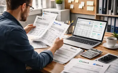 Mężczyzna analizuje dokumenty z danymi, w tym cennik Google Ads i Meta. Na biurku laptop, kalkulator i telefon.