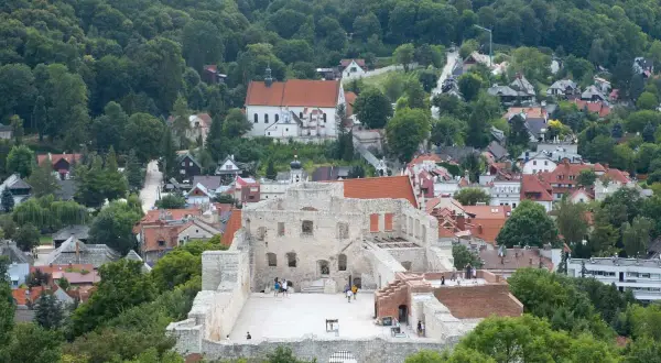 Ruiny zamkowe na wzgórzu, otoczone zielenią i zabudowaniami miasteczka.