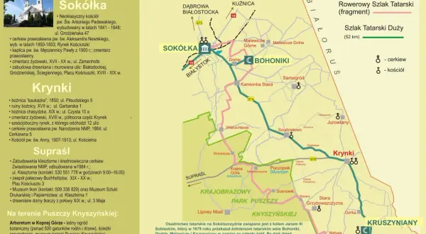 Sokółka, Krynki, Bohoniki, Kruszyniany - atrakcje Szlaku Tatarskiego na Podlasiu. Mapa pokazuje zabytki i przyrodę.