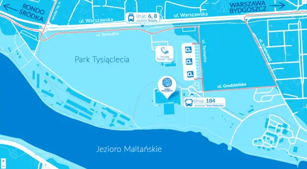 Mapa Poznania: Jezioro Maltańskie, Park Tysiąclecia, Termy Maltańskie, Novotel. Linie autobusowe 6, 8, 184. Dostępne z Rondo Śródka i ul. Warszawska.