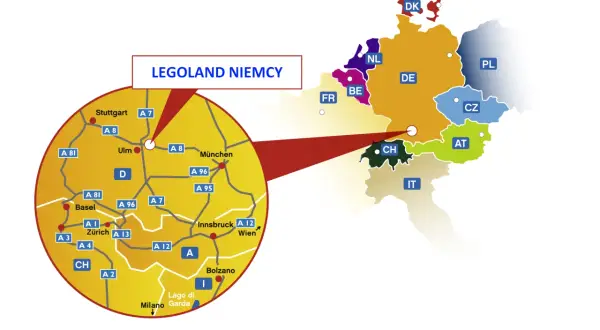 Mapa Europy z zaznaczonymi krajami i trasami dojazdu do LEGOLAND NIEMCY. Widoczny powiększony fragment z miastami Stuttgart, Ulm, Monachium, Zurych, Innsbruck i Bolzano.