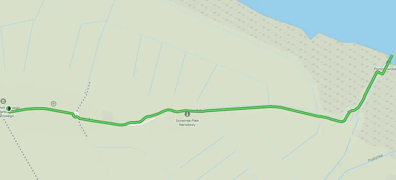 Mapa szlaku w Słowińskim Parku Narodowym. Trasa prowadzi do punktu widokowego, oferując kluki atrakcje.
