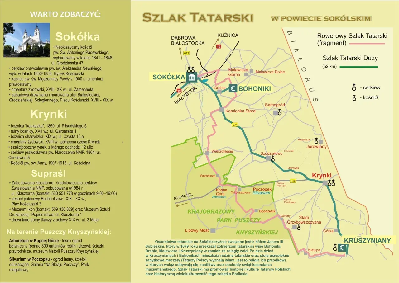 Sokółka, Krynki, Bohoniki, Kruszyniany - atrakcje Szlaku Tatarskiego na Podlasiu. Mapa pokazuje zabytki i przyrodę.
