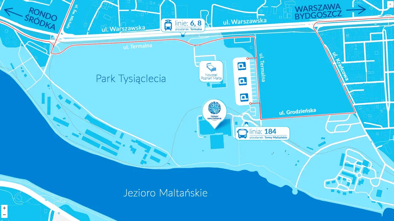 Mapa Poznania: Jezioro Maltańskie, Park Tysiąclecia, Termy Maltańskie, Novotel. Linie autobusowe 6, 8, 184. Dostępne z Rondo Śródka i ul. Warszawska.