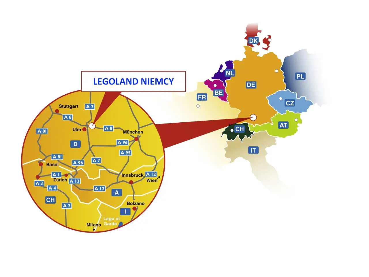 Mapa Europy z zaznaczonymi krajami i trasami dojazdu do LEGOLAND NIEMCY. Widoczny powiększony fragment z miastami Stuttgart, Ulm, Monachium, Zurych, Innsbruck i Bolzano.