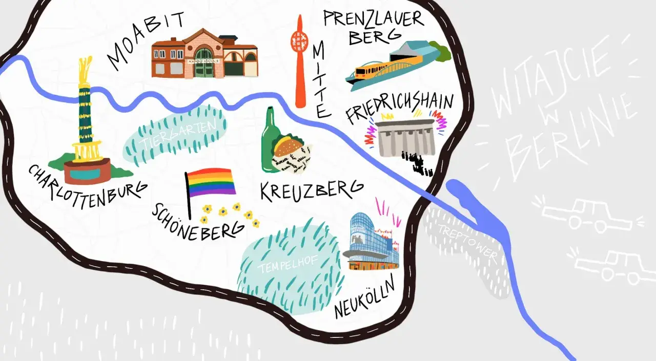 Mapa Berlina z zaznaczonymi dzielnicami: Moabit, Tiergarten, Mitte, Prenzlauer Berg, Friedrichshain, Kreuzberg, Schöneberg, Tempelhof, Neukölln, Charlottenburg, Treptower.