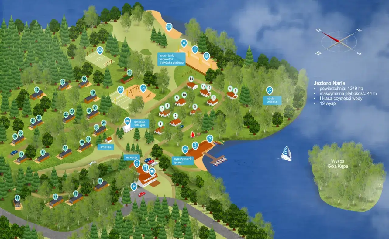 Mapa ośrodka wypoczynkowego nad Jeziorem Narie. Liczne domki, plaża, boisko, świetlica, wypożyczalnia sprzętu i inne kretowiny atrakcje.