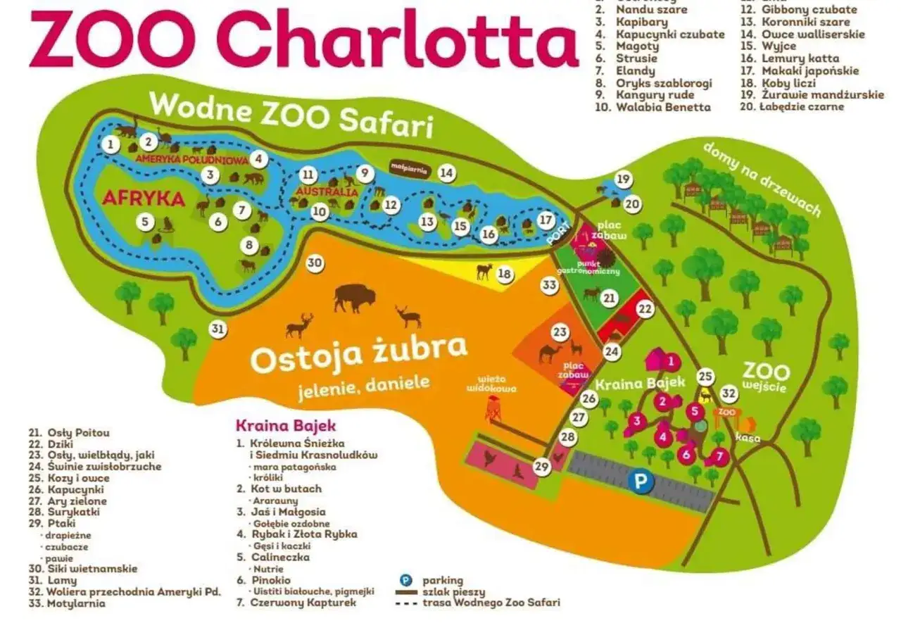 Mapa ZOO Charlotta: Wodne ZOO Safari, Afryka, Australia, Ostoja Żubra, Kraina Bajek. Idealne słupsk atrakcje na weekend!