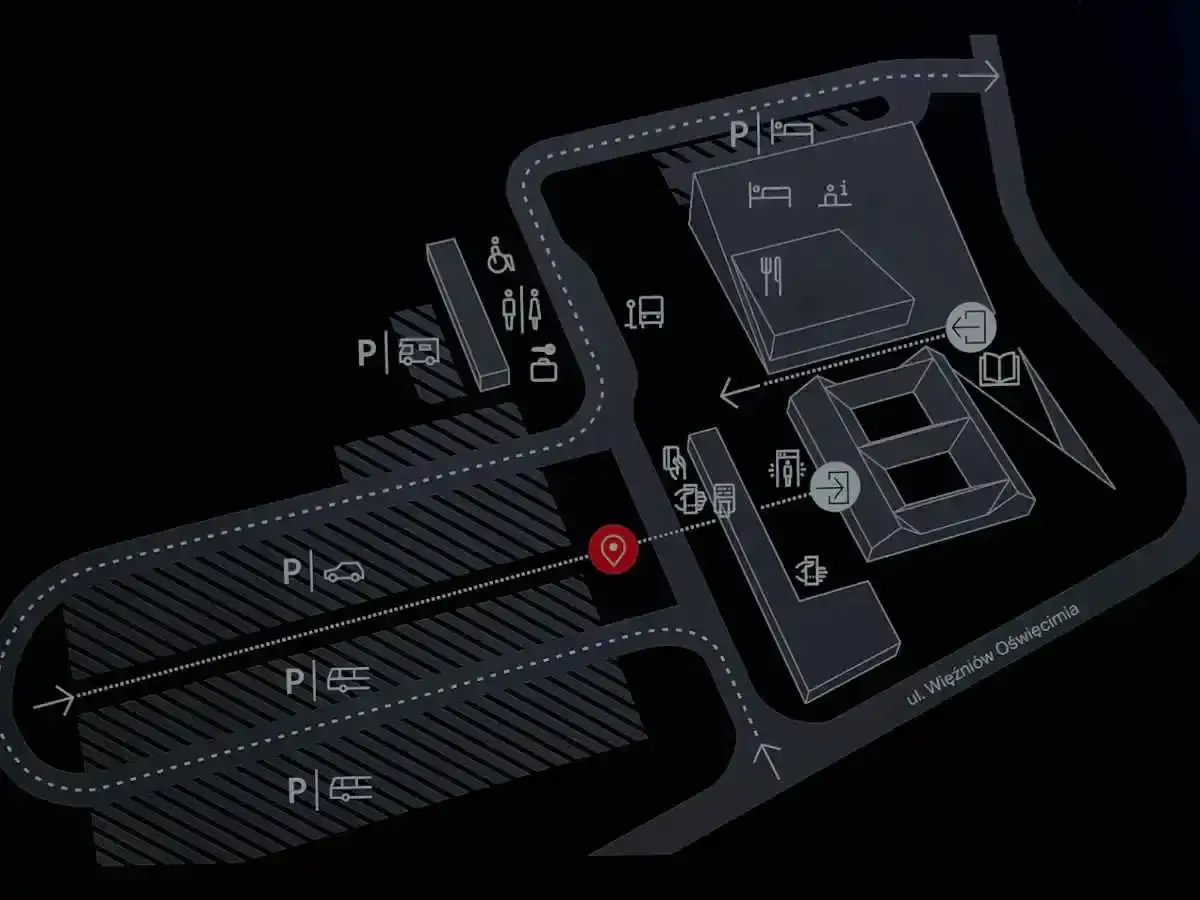 Mapa terenu Muzeum Auschwitz-Birkenau. Znajdziesz tu parkingi, budynki, punkty informacyjne i wskazówki dotyczące zwiedzania. Sprawdź auschwitz bilety cennik przed wizytą.