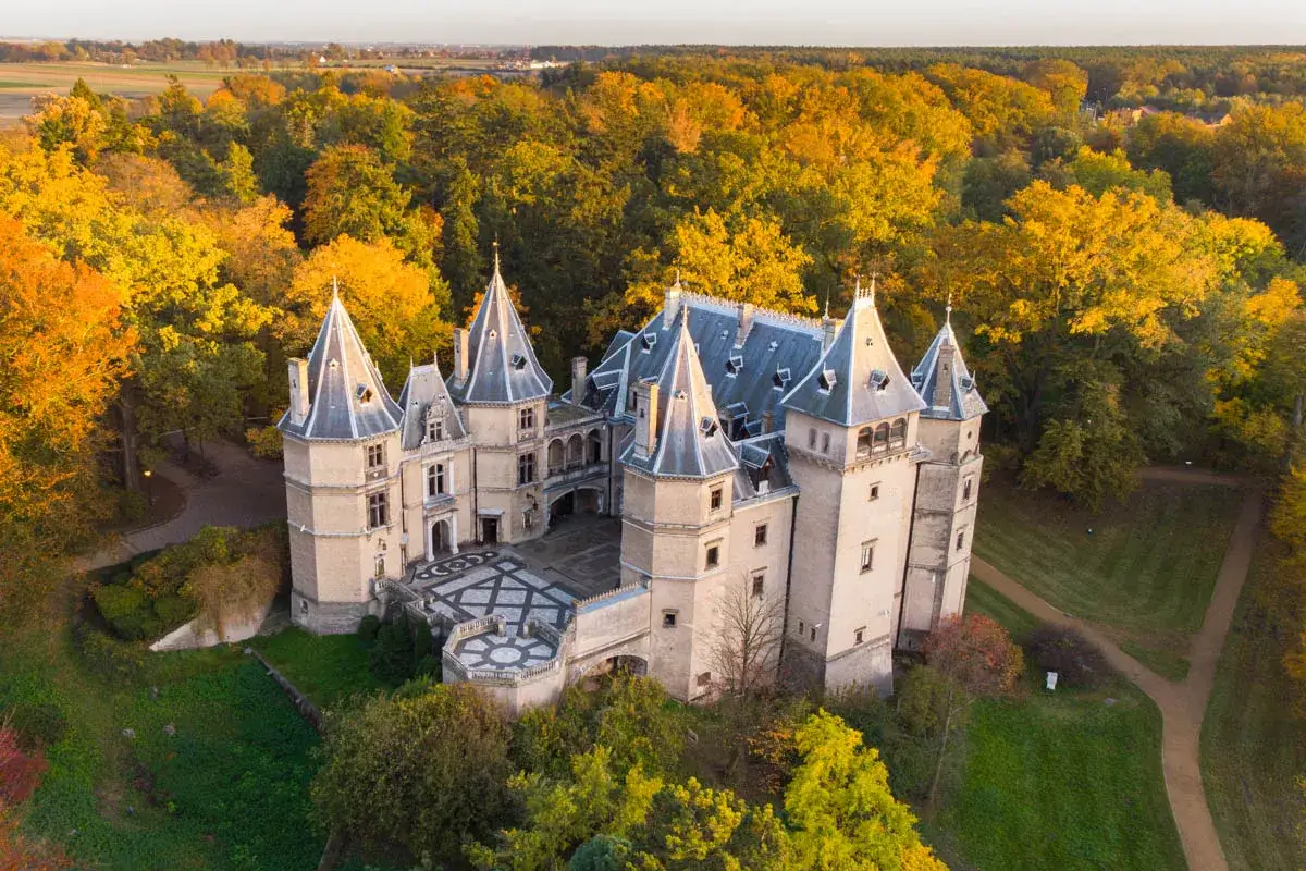 Zamek w Gołuchowie otoczony jesiennymi drzewami. Sprawdź gołuchów cennik zwiedzania.