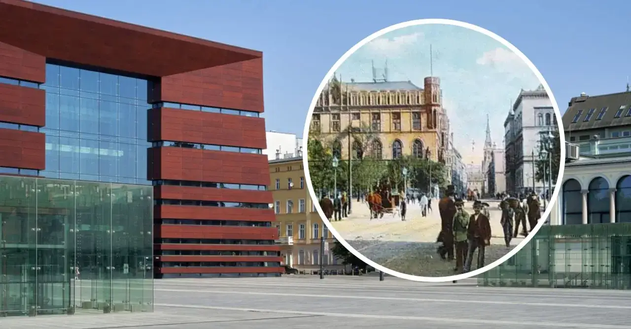 Plac Wolności Wrocław: nowoczesny budynek obok historycznego obrazu z epoki.